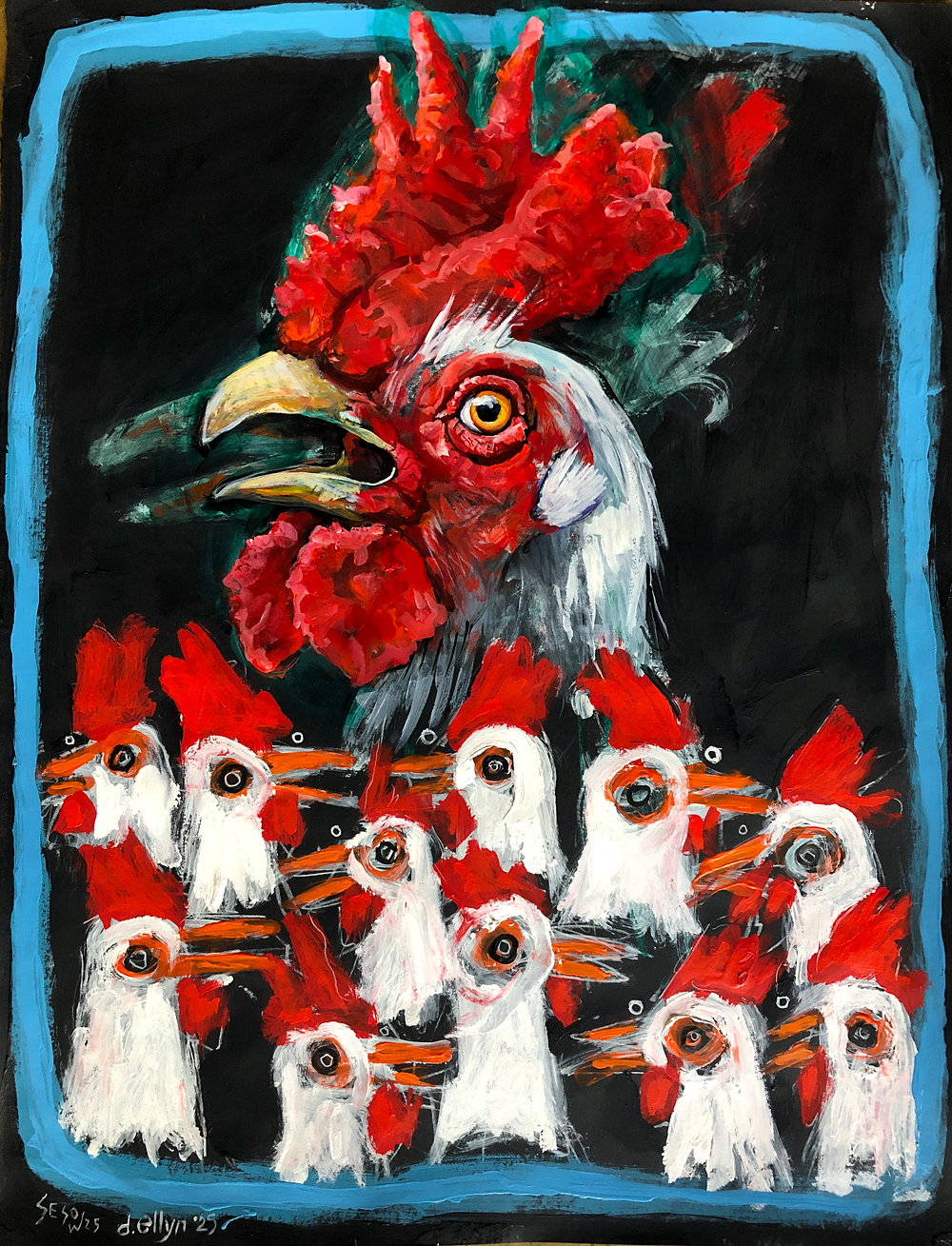 an abstract flock of chickens with one dominant expressive large chicken