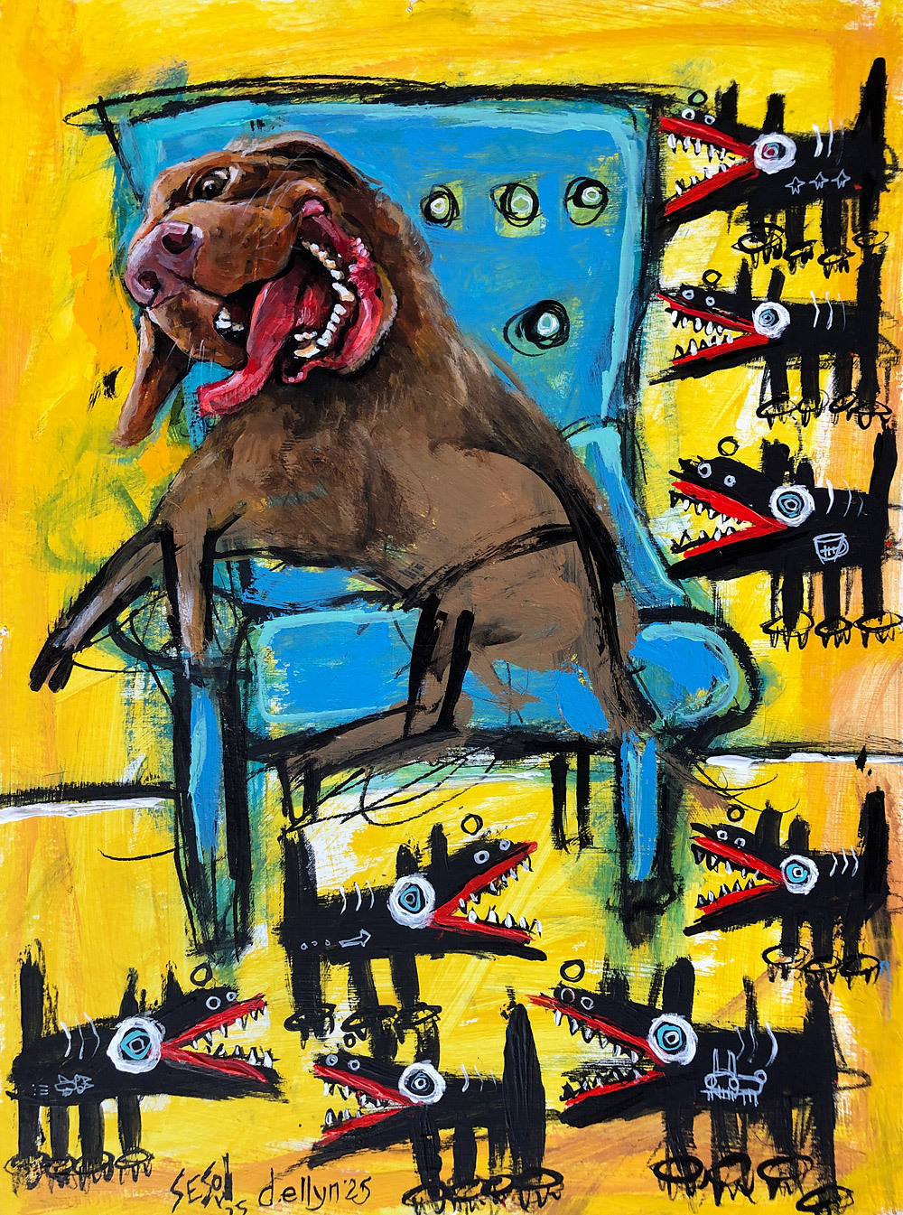 Exhausted brown dog sprawled on blue chair, surrounded by cartoon black barking dogs on a chaotic yellow background