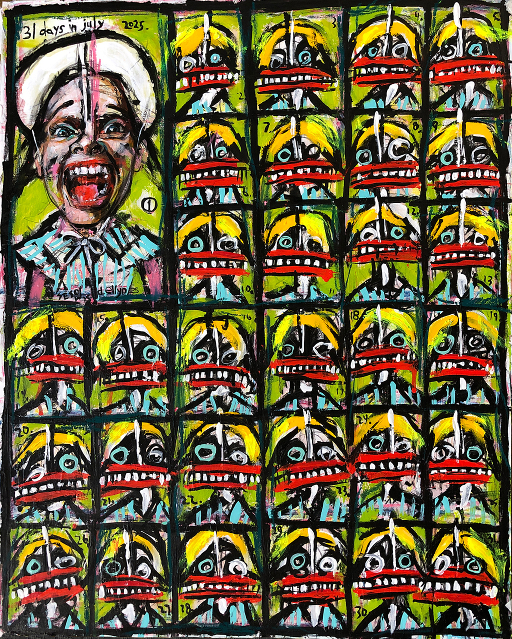 A frenzied grid of faces marks the first of July in this chaotic, satirical portrait of time, media, and identity overload.