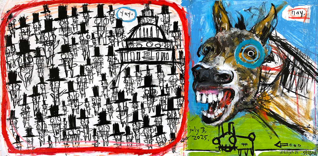 A manic donkey declares “nay” as a sea of top hats chants “yay” in this satire of American politics and party division.