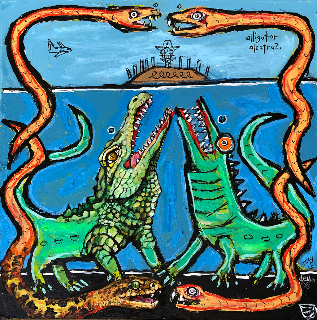 Two alligators battle beneath twin sea serpents as Alcatraz looms, fusing prison politics, absurdity, and American myth.