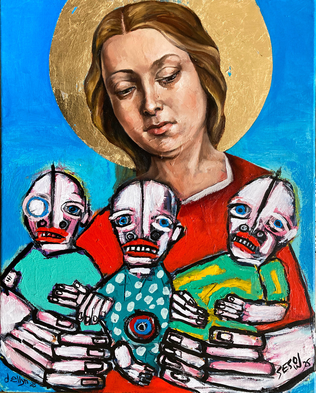 Idealized portrait of Mary with a gold halo with three cartoon-like babies crying in her arms