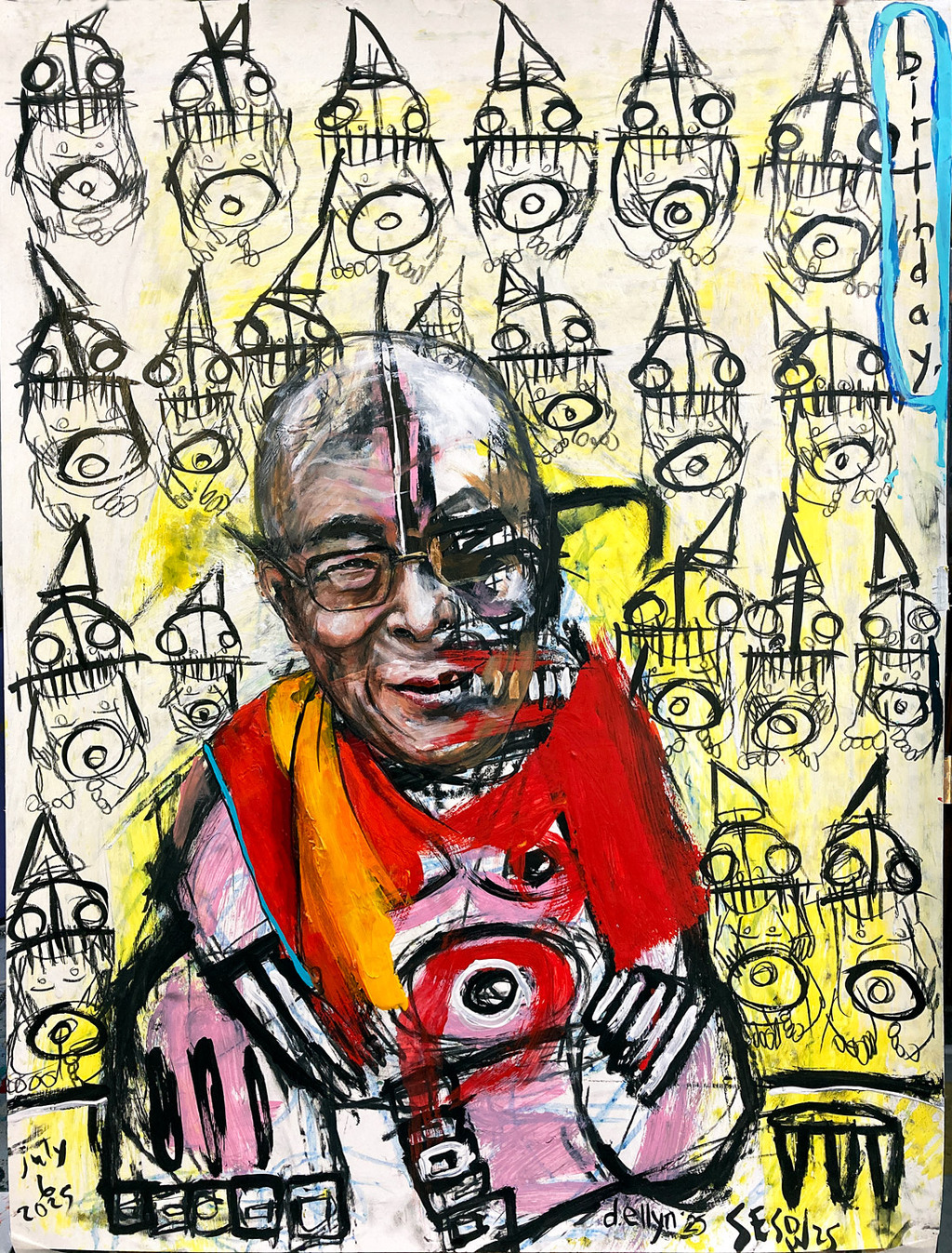 Expressive portrait of the Dalai Lama amid a bevy of birthday hat wearing sketched figures