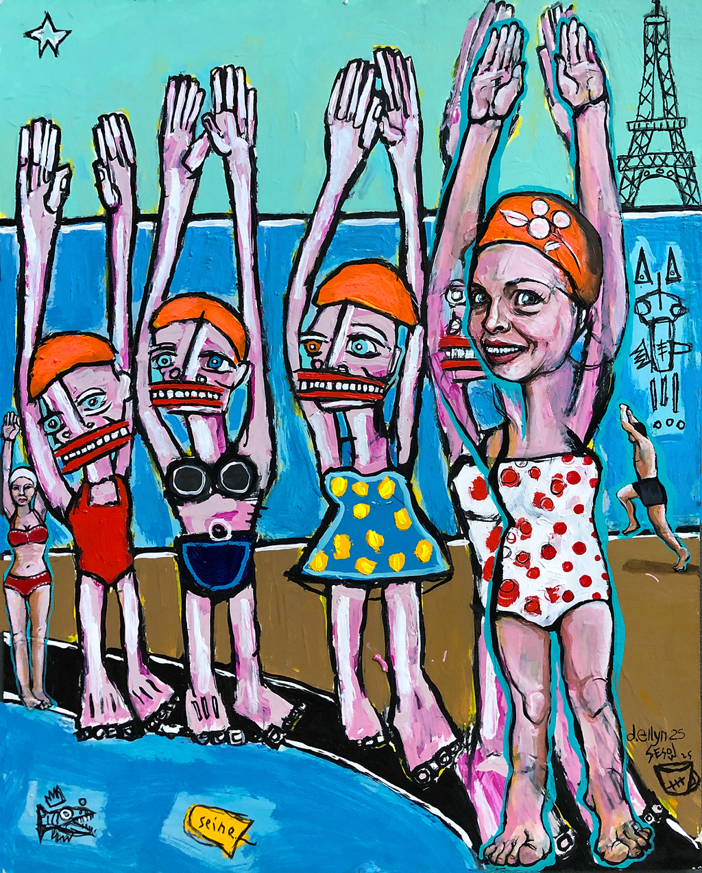 Swimmers line the Seine as it reopens for swimming after 100 years in this bold, celebratory painting set in Paris.