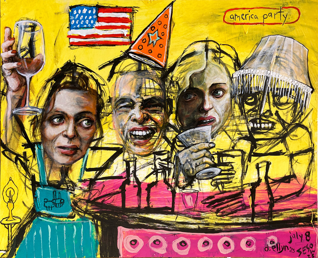 A chaotic gathering sparked by Elon Musk’s third-party tease—this painting captures America’s fractured identity, with the scene fueled by booze and a medley of emotions.