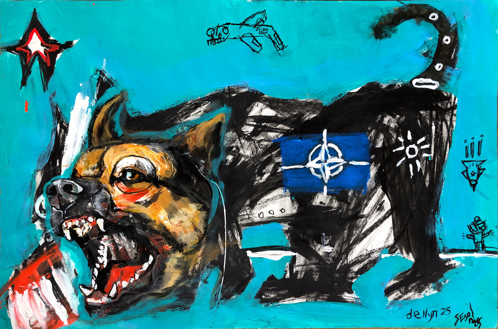 Snarling dog with NATO symbol on its body, red star above, and black war machines drawn in background.