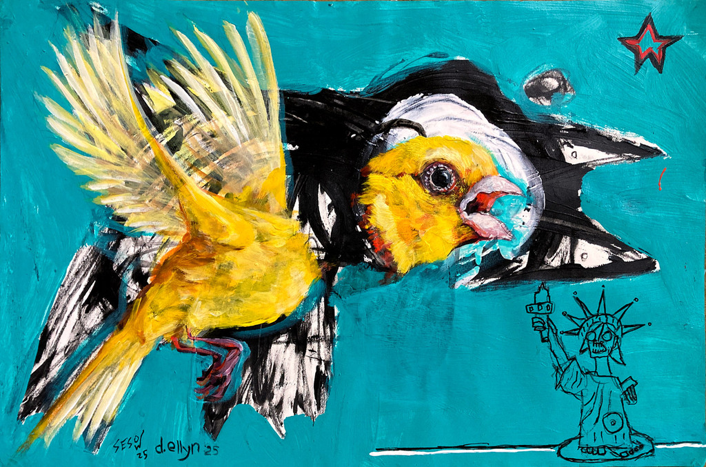 Yellow canary with open beak flying from black tunnel, Statue of Liberty skeleton sketch, red star on teal background.