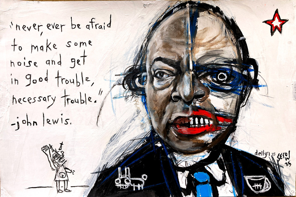 Portrait of John Lewis with his quote on “good trouble,” featuring expressive brushwork and bold red and blue accents.