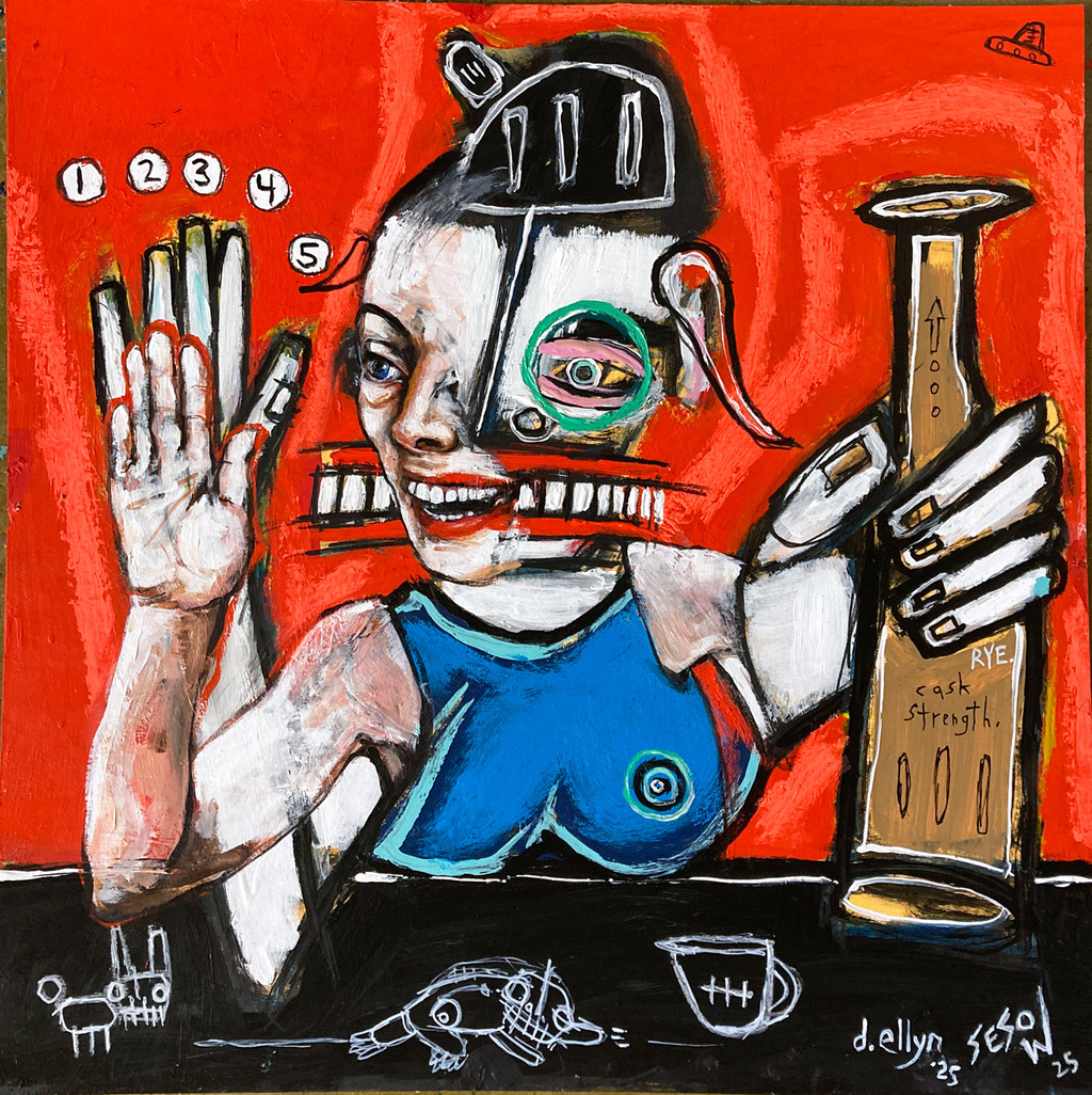 A playful portrait of a woman pleading the fifth and drinking a fifth.