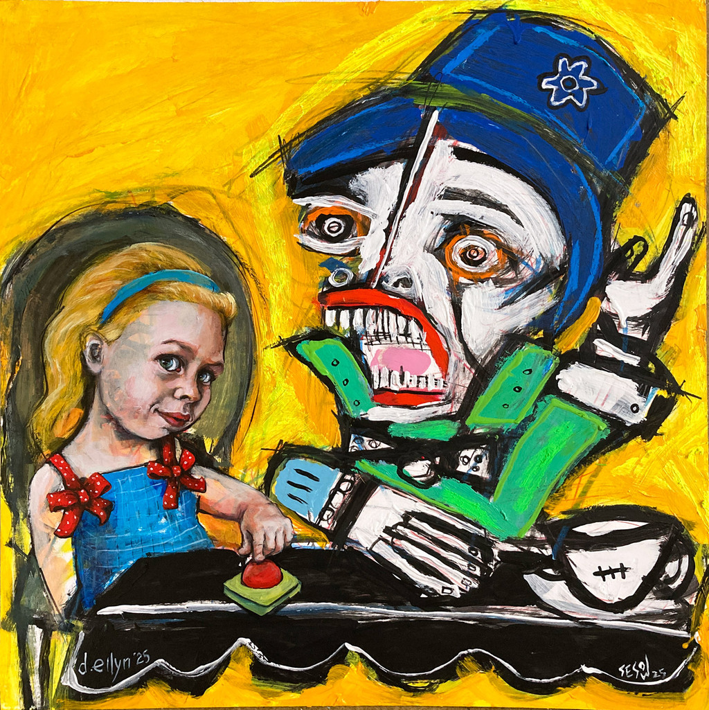 Surreal twist on Alice’s Mad Hatter— a child playfully presses a red button, merging whimsy with chaos in bold colors.