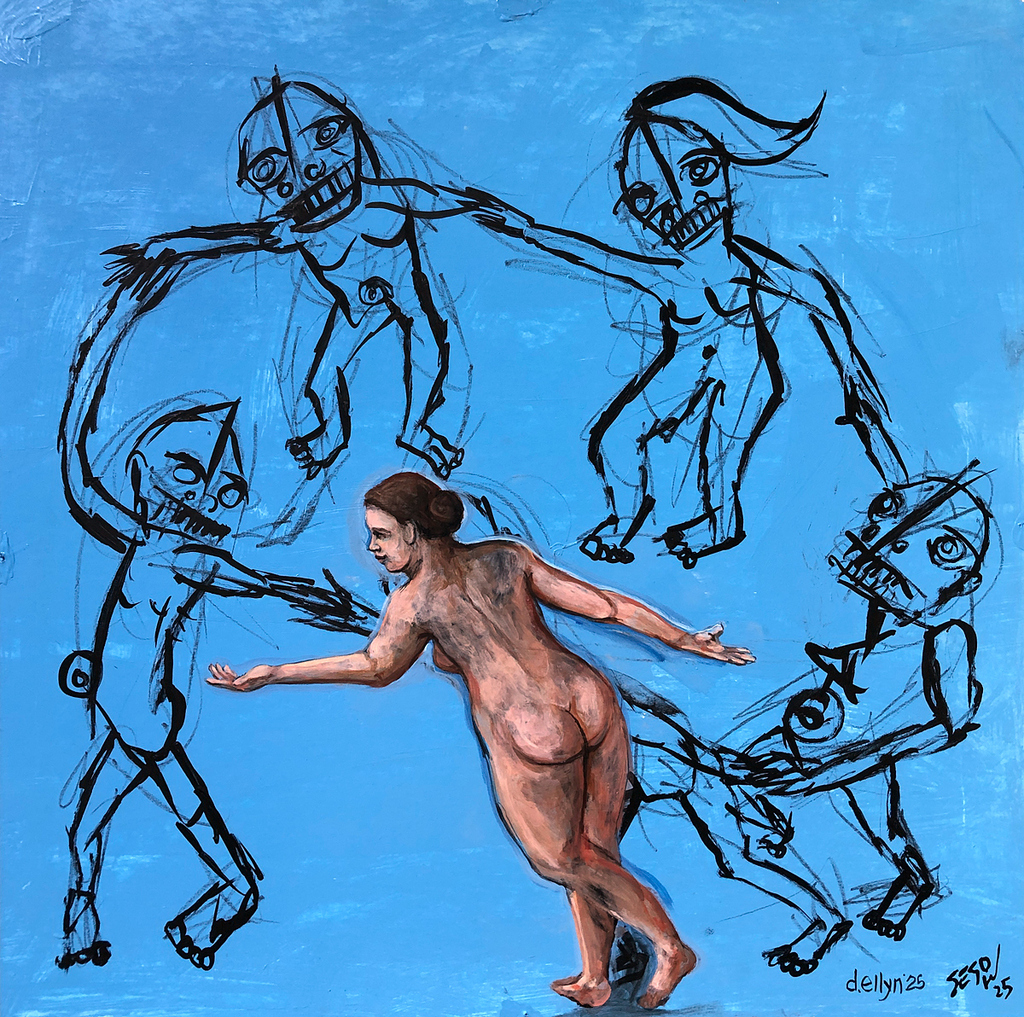 Homage to Henri Matisse's The Dance. Four sketched and one realistically painted figure in a circle dancing.