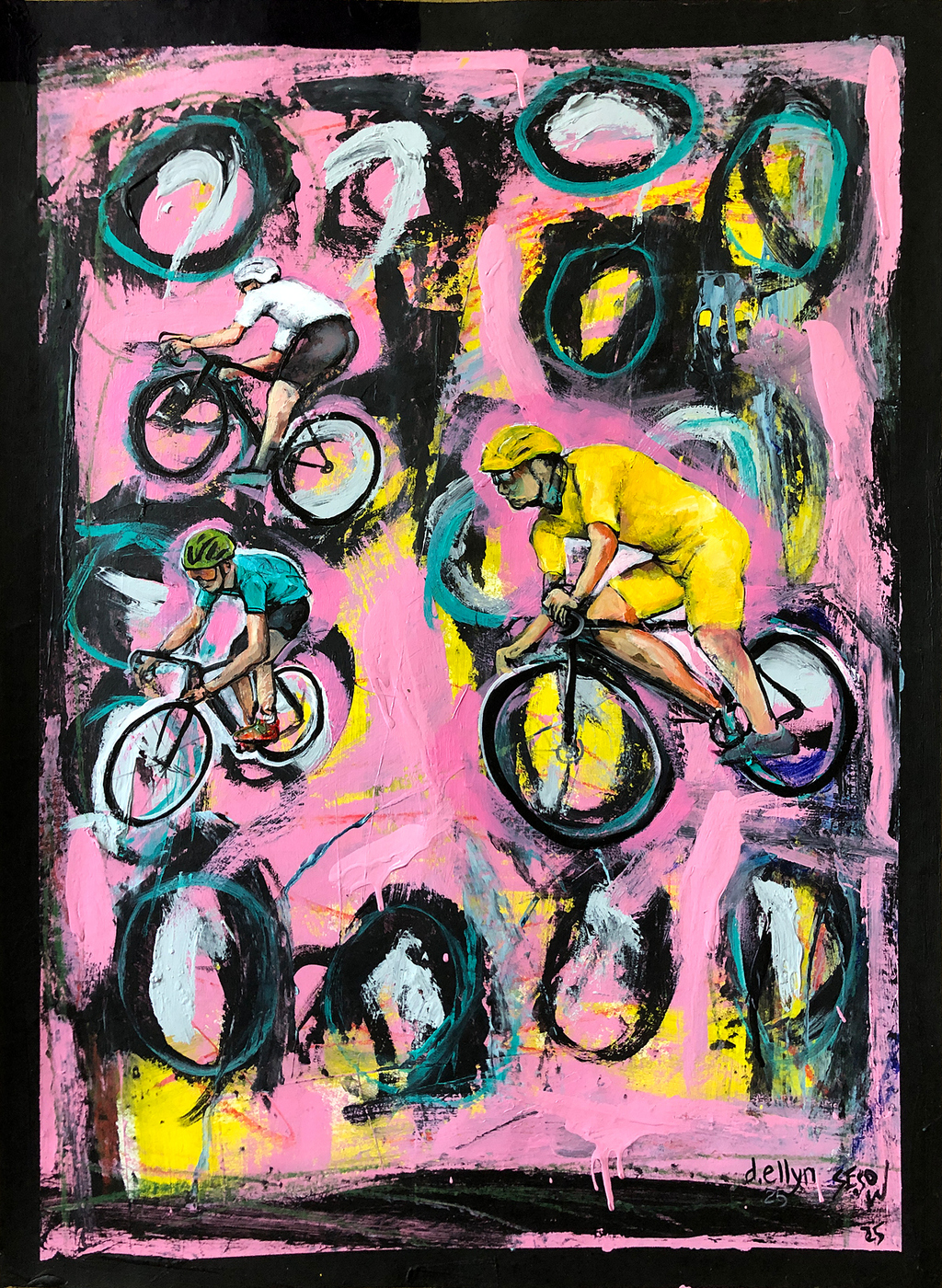 Dynamic cyclists race across a vivid pink and yellow backdrop in this bold, high-energy painting inspired by the Tour de France finale.