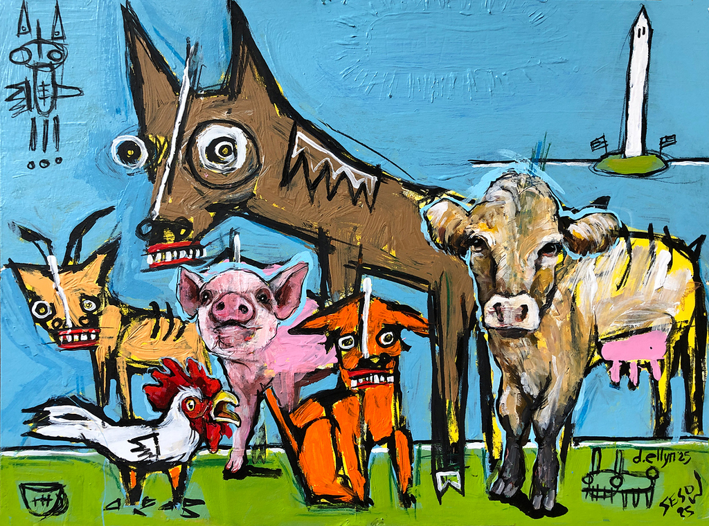 A chaotic, expressive painting of farm animals—a pig, cow, rooster, and dogs—set against a bright sky with the Washington Monument, symbolizing societal and political absurdity.