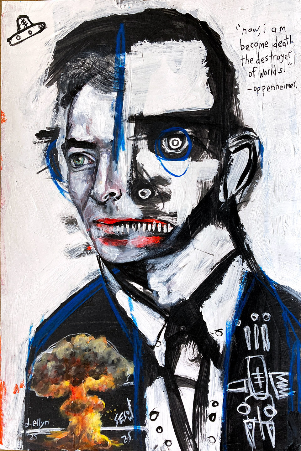 Split-faced portrait of Oppenheimer with a mushroom cloud, abstract symbols, and his quote: “Now I am become death…”