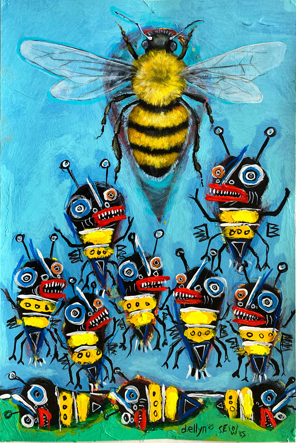 Colorful painting of a large realistic bee above a group of abstract, chaotic smaller bees on a bright blue background.