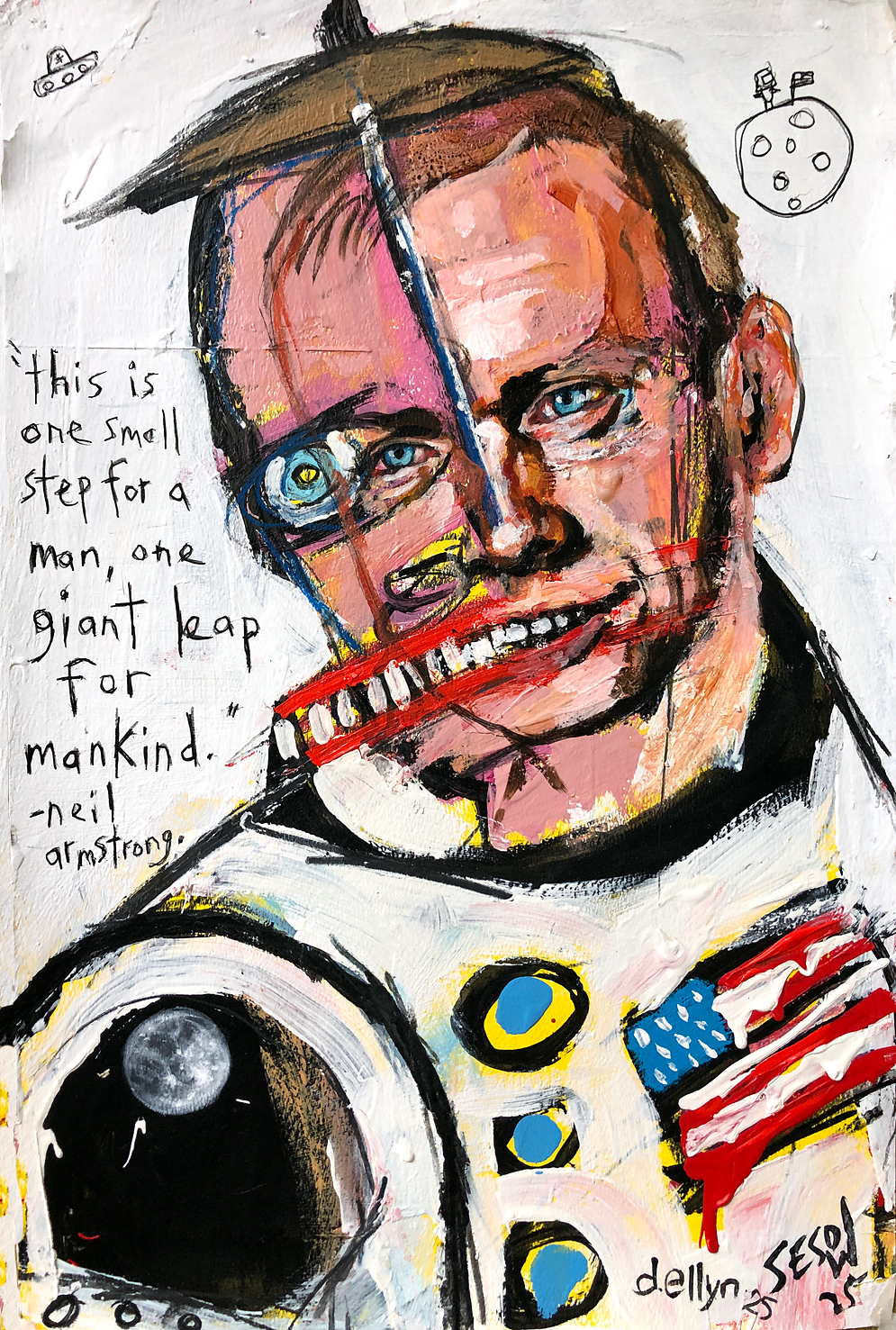portrait of Neil Armstrong in his astronaut uniform with image of the moon in helmet